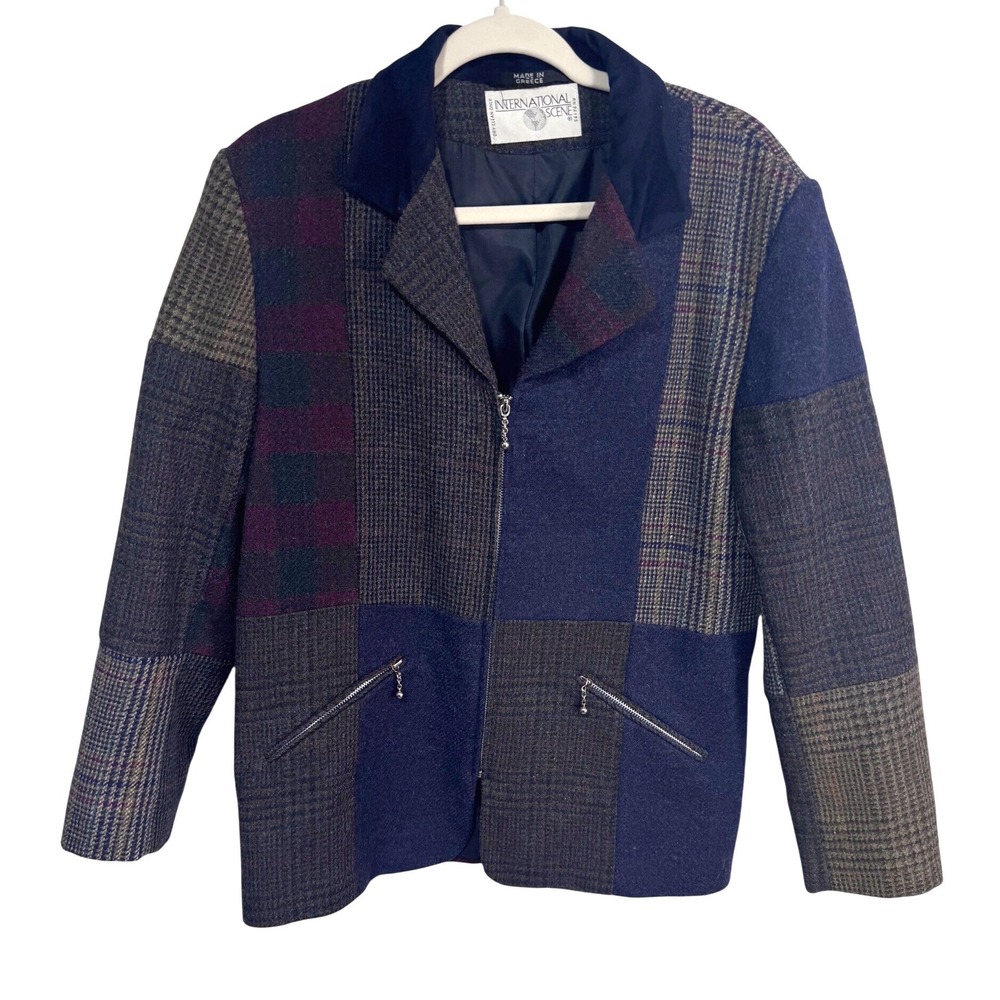 International Scene 8 Multicolor Patchwork Jacket Women's Vintage Zip Up Plaid